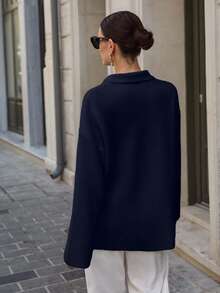 EURMUSE 1pc Solid Color Double-Breasted Elegant Office Wear Cardigan Navy Blue Autumn - Navy Blue - View 4