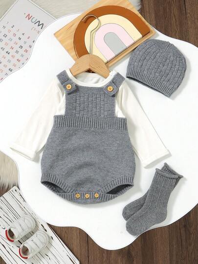 SHEIN Cute Knitted Bodysuit For Infant, Suitable For Photography Baby Fall Clothes Knitted Baby Boy Outfit Newborn Baby Layette Set Baby Sweater Romper Winter Baby Outfits