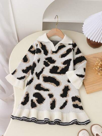 1pc Young Girl Leopard Print Ruffle Collar Elegant Casual Versatile European & Korean Style Fitted Dress, Suitable For Vacation, Stage Performance, Outing,  Park, Family Gathering, Speech, Picnic, Autumn/Winter Bestseller Kids Sweaters For Girls Girl Clothes Autumn And Winter Clothes  Autumn And Winter Young Girls Dressse Fall Dress For Girl Long Sleeves Kids Dress Girls Clothes Autumn And Winter Girls Sweater Dress Leopard Print Girls Dress Autumn Winter Girls Dress Girls Leopard Dress Girls Autumn Winter Dress Cowprint Outfit Girls Autumn And Winter Girls Dress Girls Knitted Dress Leopard Print Dress Girls Girls Animal Print Dress