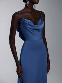 Elitara Elegant, Simple, Stylish, Green Knitted Halter Neck, Ruffled Hem, Open Back; Suitable For Formal Occasions, Wedding Guests, Wedding Festivals, Bridesmaid Dresses. - Dusty Blue - View 6
