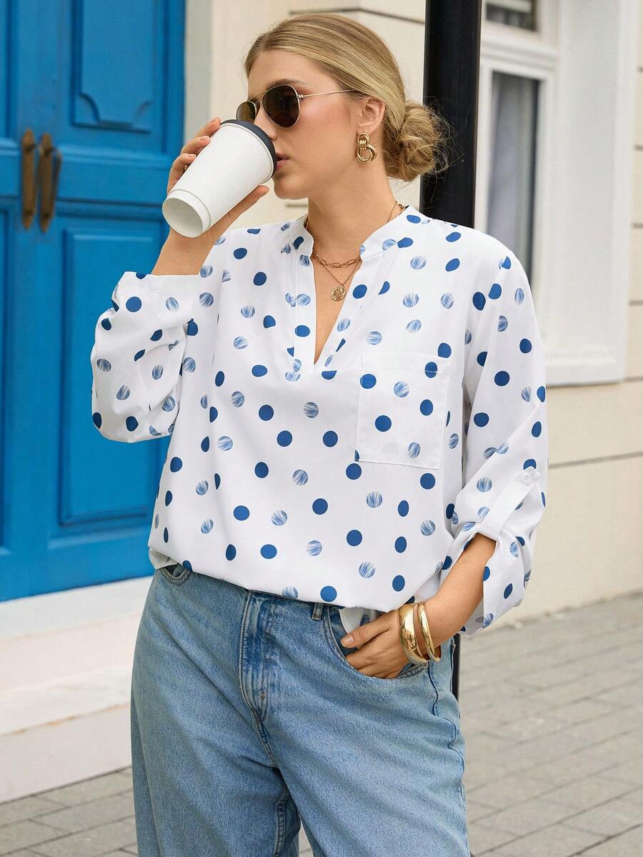 Rosumi Blouse décontractée à encolure en V à pois pour femmes grandes tailles, avec épaules tombantes et polyvalente