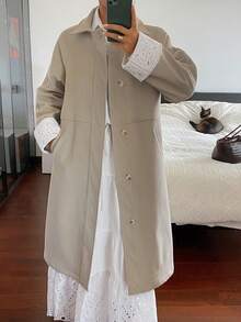 DAZY 撞色蕾丝宽松长款风衣，配抓绒袖口，优雅女士秋冬款 - 卡其色 - 查看 7