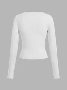 SHEIN EZwear 3件套女士休闲宽领修身长袖T恤套装，白色，秋冬 - 白色 - 查看 5