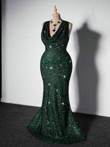 Viva Relle Plus Size Women Sleeveless Draped Neck Glitter Dress, Elegant For Holiday Party Clothes, Green For Christmas Maxi Sequin Women Outfi - Green - View 1