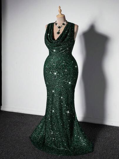 Viva Relle Plus Size Women Sleeveless Draped Neck Glitter Dress, Elegant For Holiday Party Clothes, Green For Christmas Maxi Sequin Women Outfi