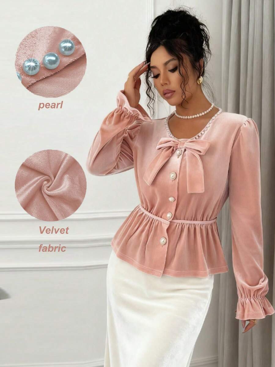 SHEIN Elenzya Blusa elegante y romántica para mujer con volantes, decoración de perlas y ajuste ceñido en la cintura - Rosa Pálido - Ver 1