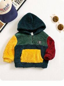 男婴/女婴彩色休闲宽松柔软羊毛拼布连帽衫，舒适宽松拉链设计，室内外均可穿着，秋冬