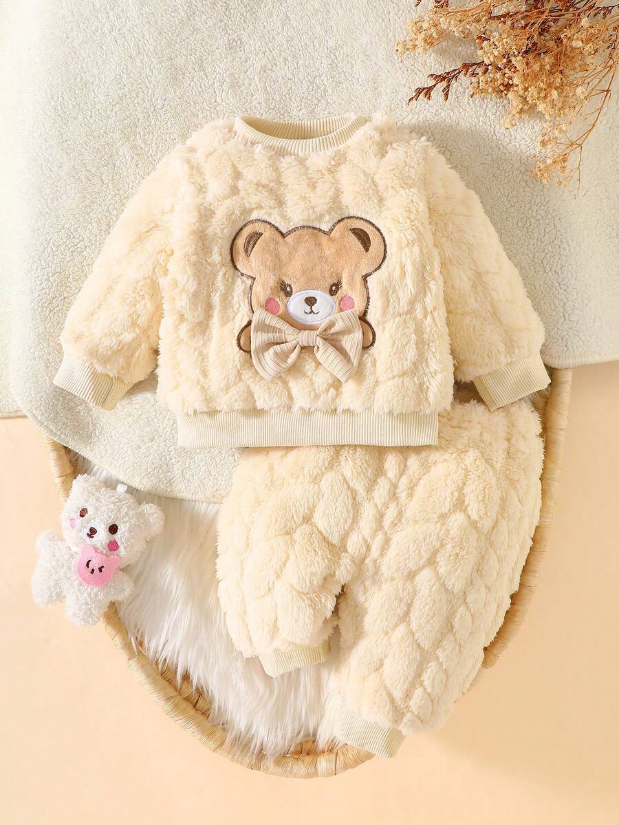 2pcs Baby Clothes Set, Cute Bear Head Pattern Sweatshirt And Fuzzy Long Pants, Sweet And Adorable, Autumn/Winter - Beige - View 1