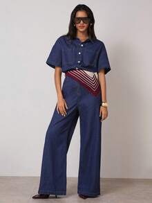 COSMINA 女士时尚纽扣装饰短袖牛仔连体裤 - 藏蓝色 - 查看 3