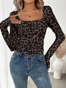SHEIN LUNE Women's Casual Leopard Print Long Sleeve T-Shirt, Suitable As Autumn/Winter Base Layer Leopard Print Top,Casual - Multicolor - View 3