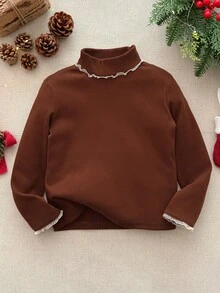 Blossori 少女法式优雅蕾丝边立领长袖T恤 - 咖啡棕 - 查看 3