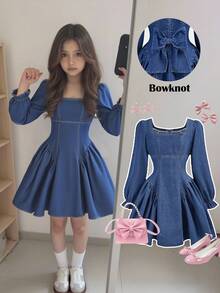 SHEIN Tween Girls' Fashion Cute BowKnot Decor Puff Long Sleeves Dark Blue Denim Dress Fall Winter,For Girls Fall/Winter Dailywear Costume,Girls Streetwear Outfits,Halloween Outfits,Christmas Outfits,Party Outfits,Winter Clothes,Teen Dress,Blue Jean Dress,Puff Sleeve Dress,Dark Blue Dress,Long Sleeve Dress
