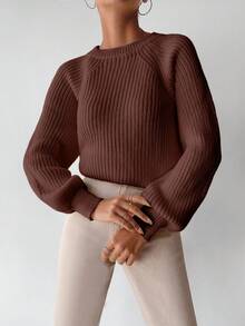 EURMUSE Suéter de punto con mangas raglán de unicolor casual, otoño - Marrón - Ver 5