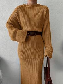 EURMUSE Drop Shoulder Sweater & Knit Skirt Without Belt - Camel - View 4