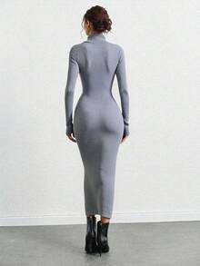 SHEIN Tall Solid Turtleneck Ribbed Knit Bodycon Sweater Dress For Autumn & Winter - Light Grey - View 2