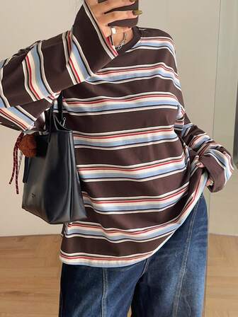 Dazy Plus Casual Loose Fit Round Neck Long Sleeve Striped T-Shirt, Plus Size, Street Style