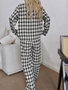 SHEIN 女士休闲纹理格纹印花长袖上衣和裤子睡衣套装，冬季服装 - 彩色 - 查看 2