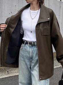 FRIFUL Chaqueta holgada con caída de hombros de moda para mujer, adecuada para ir al trabajo en otoño - Marrón - Ver 3