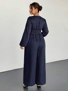 Firerie Plus Size Casual Striped Wide Leg Jumpsuit - Navy Blue - View 2