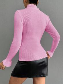 EURMUSE Women's Casual Solid Color Ruffle Hem Ribbed Knit Sweater, Autumn/Winter - Pink - View 2