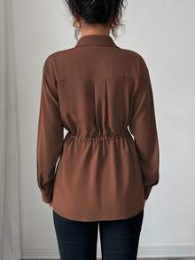 Elenzga Áo sơ mi công sở kiểu Pháp thanh lịch dành cho nữ, có cổ, vạt trước, dây rút eo, nơ, tay dài, thích hợp cho mùa xuân, thu và đông - Cà phê nâu - Xem 2