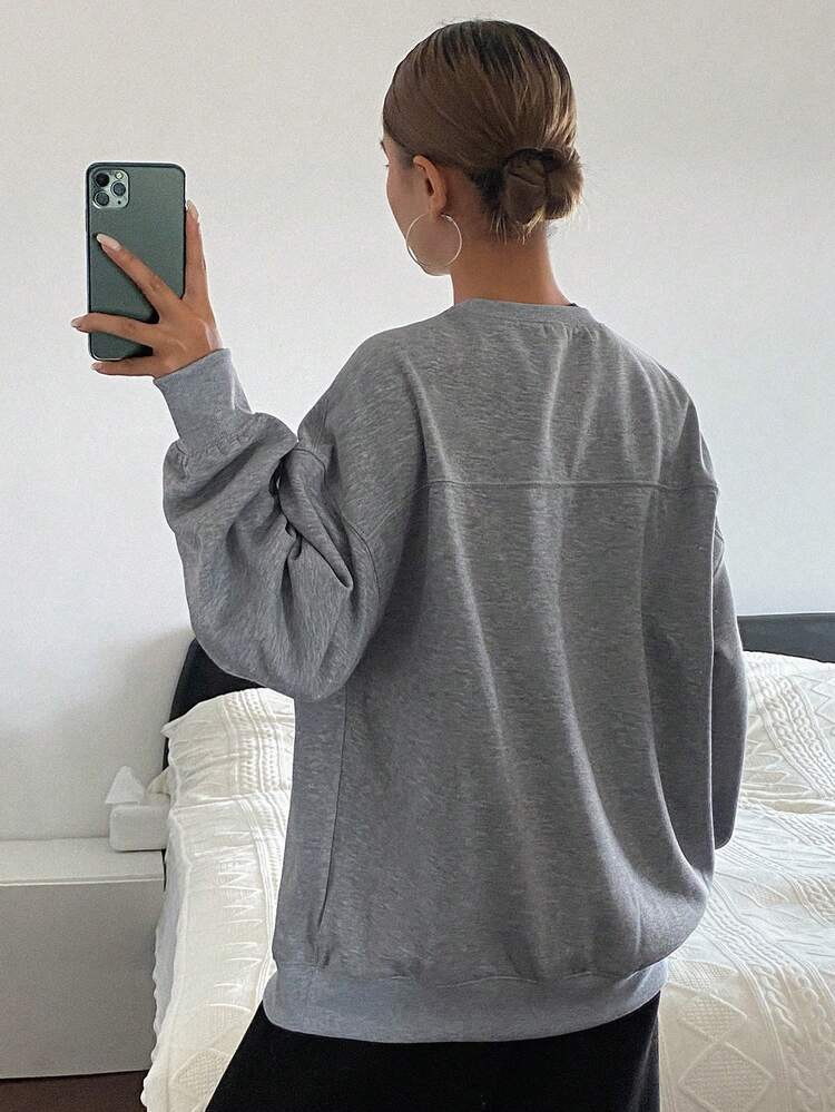 Letter Embroidered Thermal Lined Loose Fit Crew Neck Long Sleeve Casual Street Style Sweatshirt For Women, Autumn/Winter