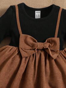 SHEIN 女婴拼色蝴蝶结装饰连衣裙，可爱甜美 - 咖啡棕 - 查看 4