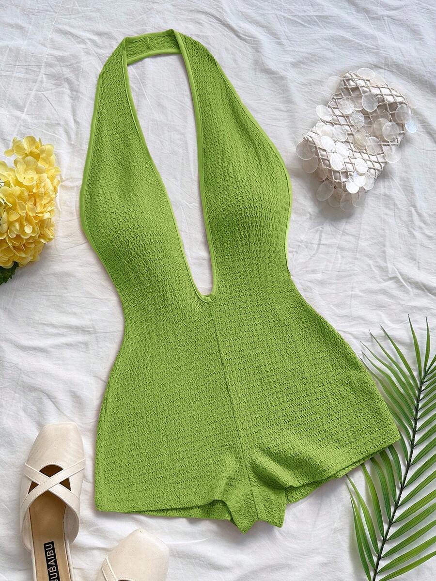 Soleia 女士度假白色针织纹理波浪图案深 V 领露背性感紧身衣，时尚合身，适合派对、约会、下午茶、波西米亚风度假、海滩、夏季服装 - 薄荷綠 - 查看 1