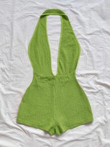 Soleia 女士度假白色针织纹理波浪图案深 V 领露背性感紧身衣，时尚合身，适合派对、约会、下午茶、波西米亚风度假、海滩、夏季服装 - 薄荷綠 - 查看 2