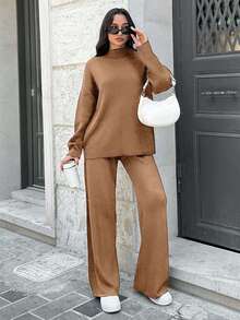 SHEIN Tall كنزة بكتف منخفض & بنطال محبوك للخريف & الشتاء، للنساء الطويلات - بني فاتح - مشاهدة 3