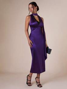 COSMINA Vestido elegante ajustado con cuello en V sin mangas y parches de encaje para mujer - Bold Plum - Ver 3