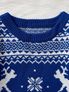 男士藏蓝色底白色驯鹿图案圆领长袖毛衣，冬季 - 藏蓝色 - 查看 4