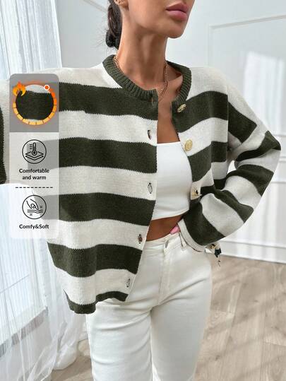 EURMUSE Women Stripe Pattern Round Neck Front Button Cardigan,Long Cardigans Woman,Petite Cardigans,Cardigans