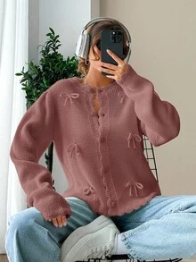 Cárdigan casual con borde de concha decorado con moño de unicolor para otoño/invierno - Rosa Oxidada - Ver 4