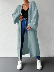 EURMUSE Solid Color Drop Shoulder Open Front Cardigan - Blue - View 3