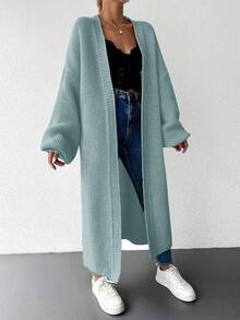 EURMUSE Solid Color Drop Shoulder Open Front Cardigan - Blue - View 6