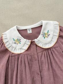 Blossori Young Girls' French Elegant Color-Blocking Embroidered Collar Pink Long Sleeve Dress - Multicolor - View 4