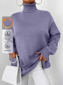 Maglione casual ampio da donna a maniche lunghe, collo alto e spalle cadenti, di colore unito