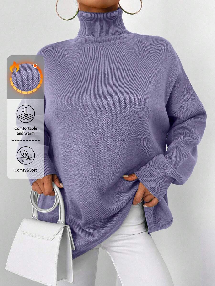Maglione casual ampio da donna a maniche lunghe, collo alto e spalle cadenti, di colore unito