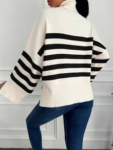 SHEIN Cottnline Striped Pattern Turtleneck Drop Shoulder Split Cuff Sweater - Multicolor - View 2