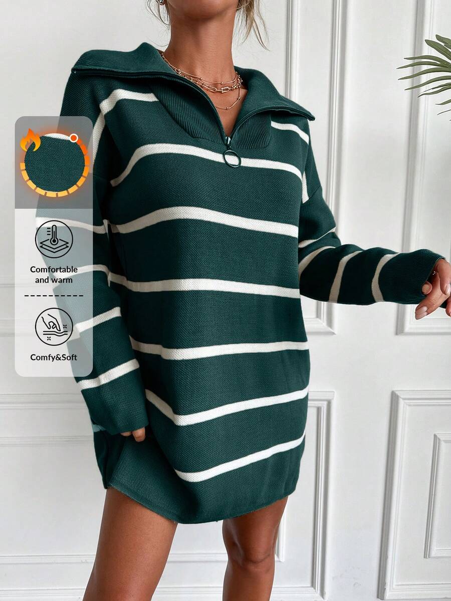 EURMUSE Drop Shoulder Stripes Sweater With Half Zipper - Green - View 1