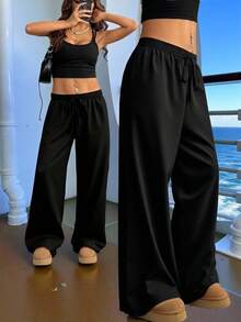 Veykashi Ropa de mujer de talla grande de pana para otoño/invierno, ropa de mujer de negocios casuales para primavera/verano, pantalones anchos elegantes negros con bolsillos para el Día de San Valentín. Vacaciones en la playa