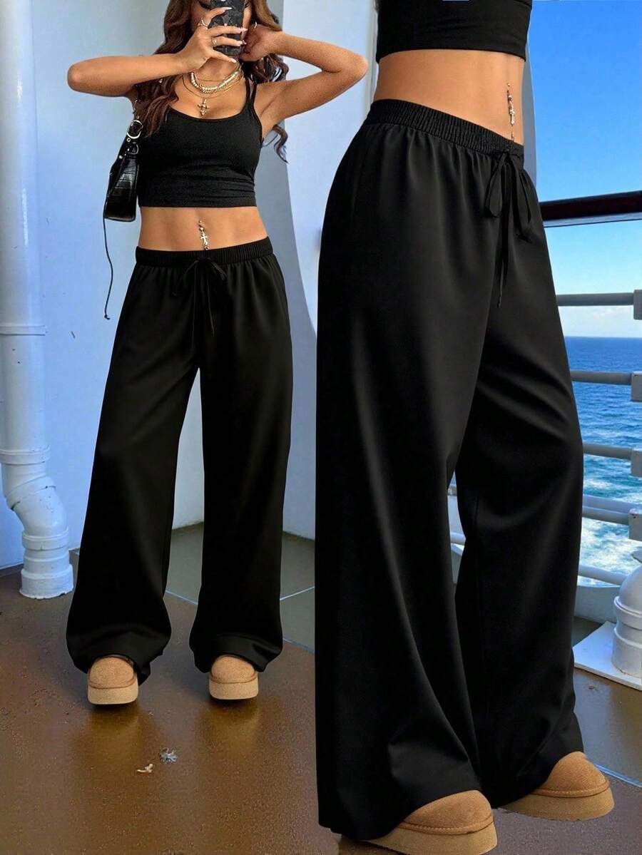 Veykashi Ropa de mujer de talla grande de pana para otoño/invierno, ropa de mujer de negocios casuales para primavera/verano, pantalones anchos elegantes negros con bolsillos para el Día de San Valentín. Vacaciones en la playa