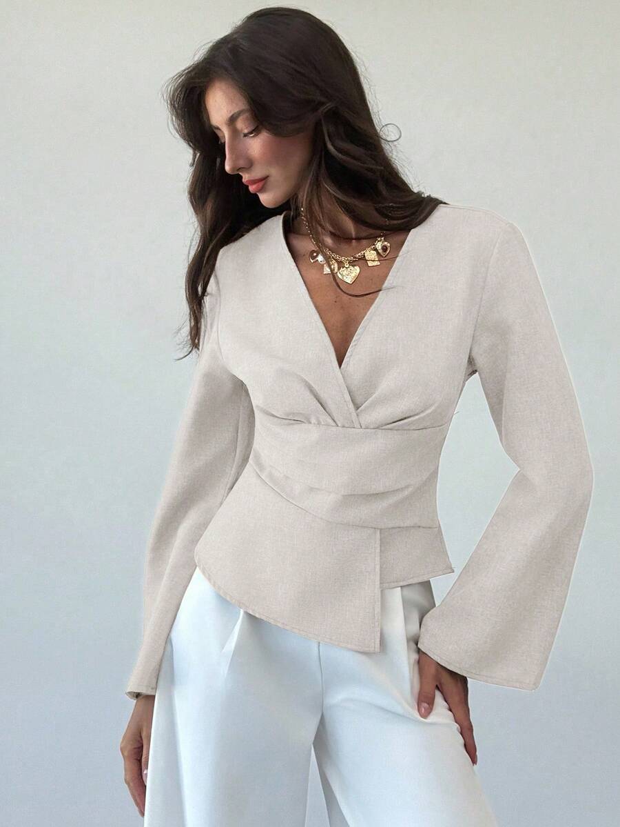Aloruh New Stylish Commuter Waist Ruched Asymmetric Hem Long Flare Sleeve V-Neck Pullover Blouse - Beige - View 1