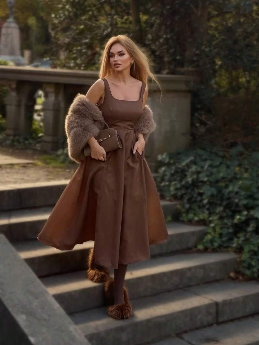 法式甜心棕色方领吊带背心 A 字腰修身连衣裙长款女装 - 巧克力棕 - 查看 1