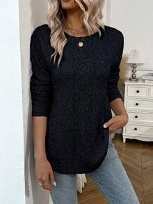 EMERY ROSE Áo len dài tay cổ tròn viền cong màu trơn thanh lịch dành cho nữ, mùa thu/đông - màu đen - Xem 6