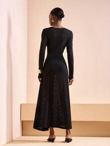 Zivah Women's Round Neck Long Sleeve Metallic 3D Floral Decor Elegant Dress