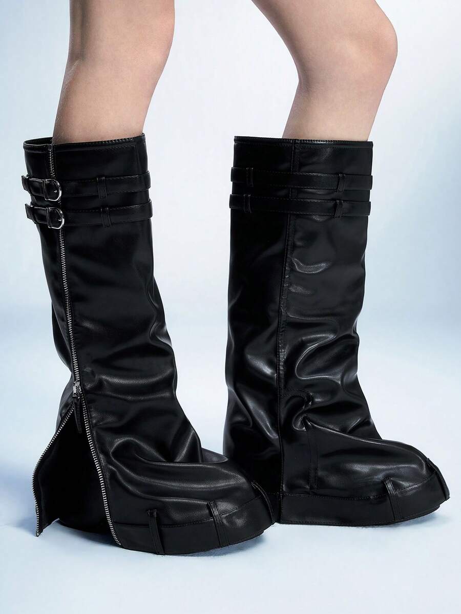 Sugerpunk Women's New Thick Sole Double Buckle Zipper Punk Over-The-Knee Boots - Black - View 1