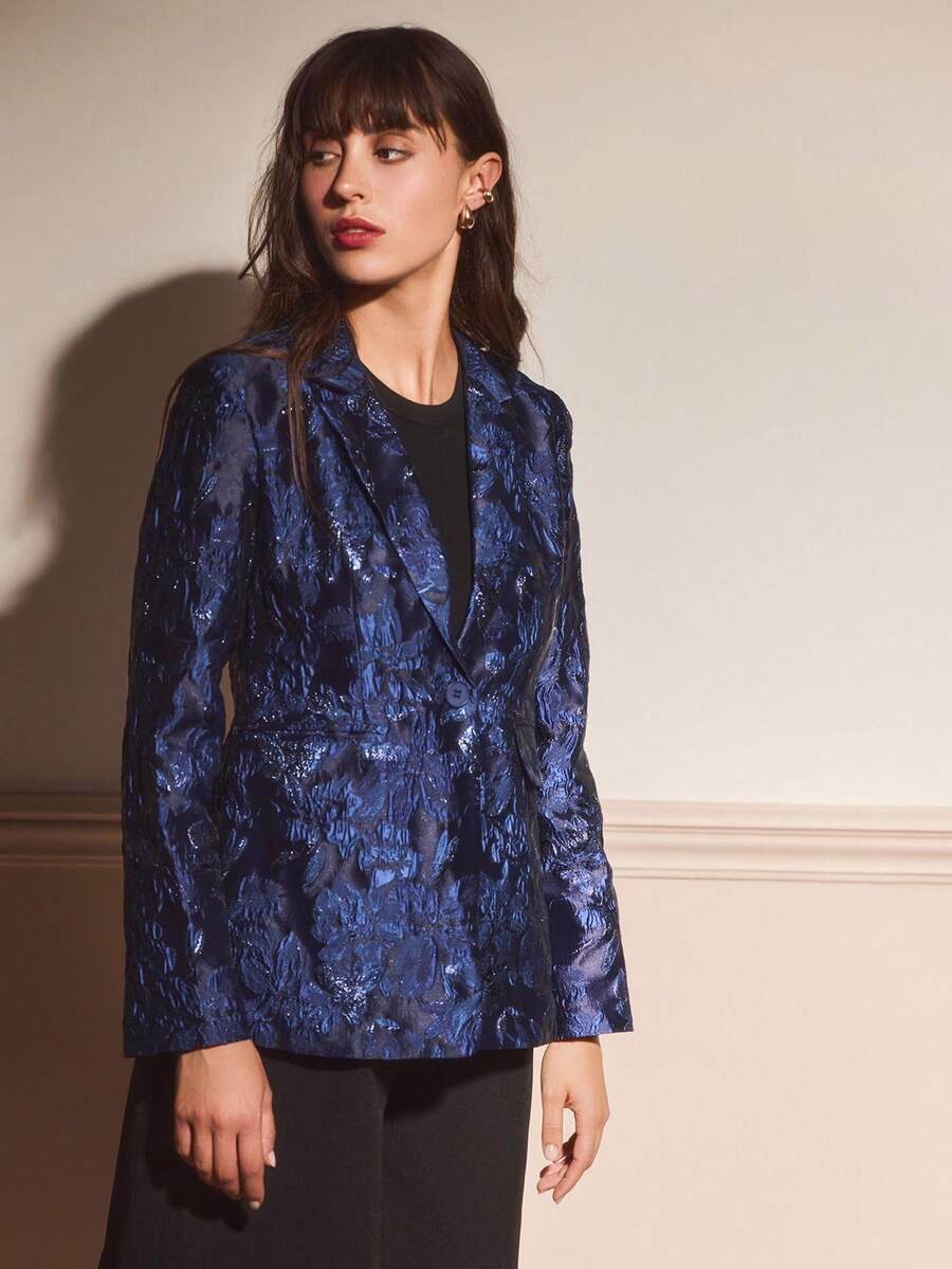 lacRébo Navy Blue Floral Jacquard Fitted Blazer With Single Button Closure Chic Evening Style Spring Summer Party Outfits Business Casual Outfits Premium Outfits - Blue - View 1