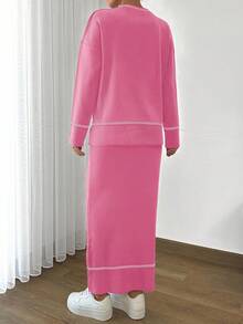 EURMUSE Women Solid Color Round Neck Drop Shoulder Stripe Pattern Pullover & Sweater Skirt Set - Baby Pink - View 3